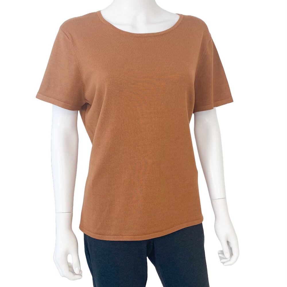 JONES NY Fine Ribbed Silk Knit Caramel Brown Short Sleeve Top Tank Size XL